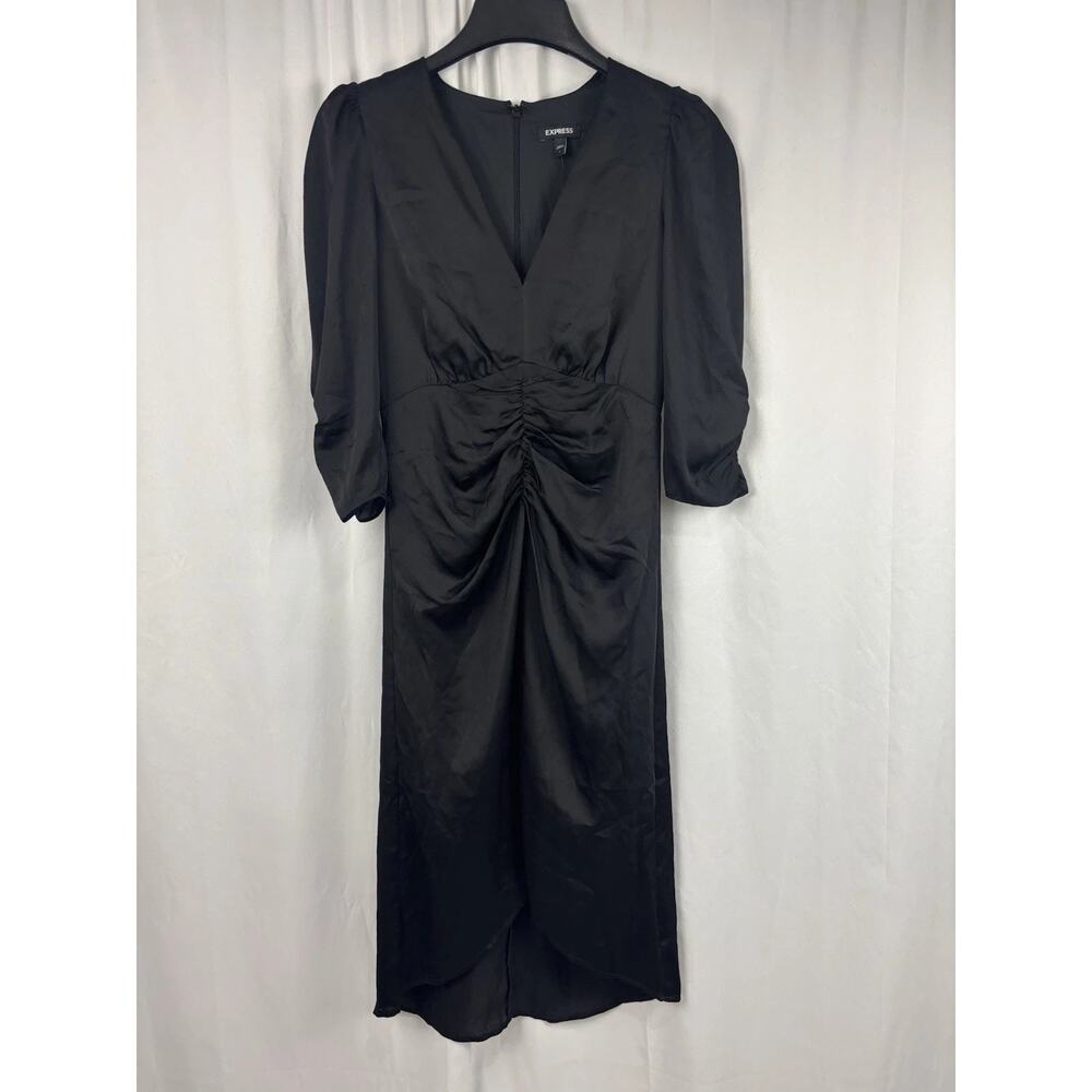 NWT Express V neck High Low Chiffon Puff Sleeve Black Midi Dress S Whimsygoth